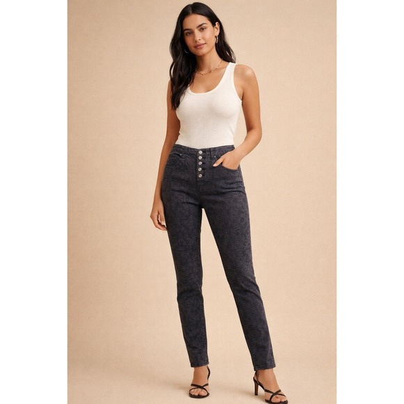 Pilcro and the Letterpress Denim - Pilcro Anthropologie Floral Jacquard High Rise Skinny Jeans Grey Button Fly 26.5